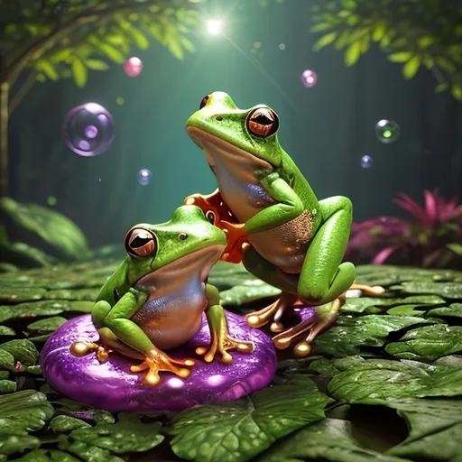 Prompt: (whimsical cgi frogs), vibrant colors, enchanting magical elements, humorous expressions, dynamic poses, sparkling backgrounds, surreal atmosphere, playful ambiance, imaginative setting, lighthearted and cheerful mood, ultra-detailed and high-quality rendering, fantastical features.