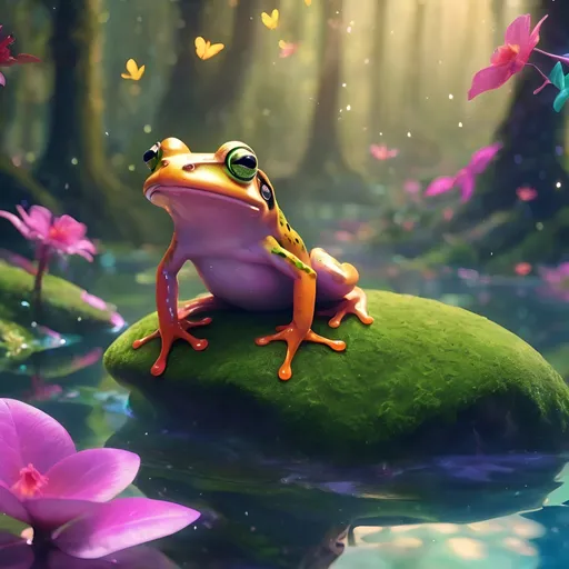 Prompt: (whimsical cgi frogs), vibrant colors, enchanting magical elements, humorous expressions, dynamic poses, sparkling backgrounds, surreal atmosphere, playful ambiance, imaginative setting, lighthearted and cheerful mood, ultra-detailed and high-quality rendering, fantastical features.