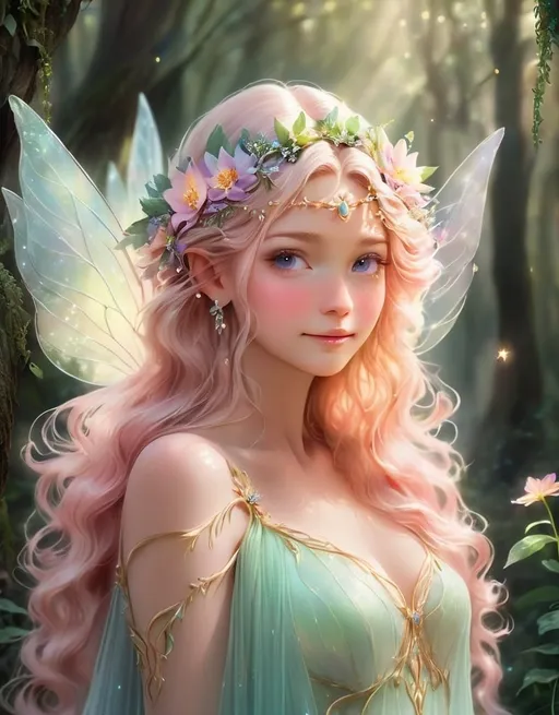 Prompt: Fairy goddess, ethereal and mystical, magical forest setting, flowing gown with shimmering details, intricate floral crown, radiant and glowing, soft pastel color palette, dreamy and whimsical, fantasy, high quality, ethereal style, soft lighting, detailed wings, enchanted atmosphere, facial closeup