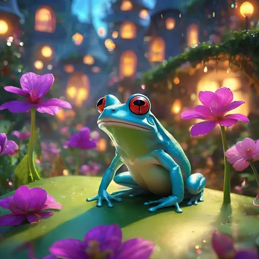 Prompt: (whimsical cgi frogs), vibrant colors, enchanting magical elements, humorous expressions, dynamic poses, sparkling backgrounds, surreal atmosphere, playful ambiance, imaginative setting, lighthearted and cheerful mood, ultra-detailed and high-quality rendering, fantastical features.