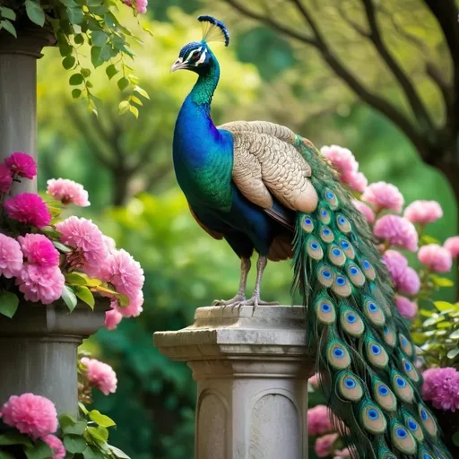 Prompt: Majestic male peacock standing on a pillar, surrounded by lush foliage, flowers and blossoming trees, all vibrant colors