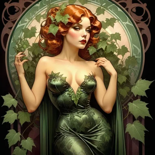 Prompt: Classic beauty, femme fatale, glamorous, full body, intense gaze, captivating eyes, mysterious, high quality, detailed, Poison Ivy, evening gown, sleek design, elegant, artistic, vintage, film noir, dramatic lighting, enchanting, attractive, alluring, highres, detailed, professional, glamorous lighting