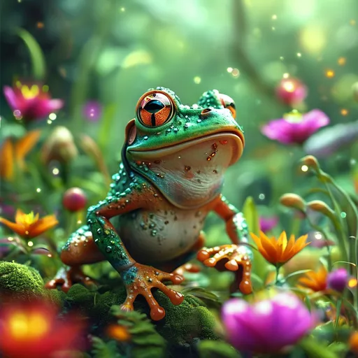 Prompt: (whimsical cgi frogs), (vibrant colors), enchanting magical elements, humorous expressions, crazy magical funny, dynamic poses, sparkling backgrounds, surreal atmosphere, playful ambiance, imaginative setting, lighthearted and cheerful mood, ultra-detailed, high-quality rendering, fantastical features, lush greenery, whimsical flowers, shimmering lights, captivating visuals, imaginative playfulness, dreamlike essence, fantasy realm.