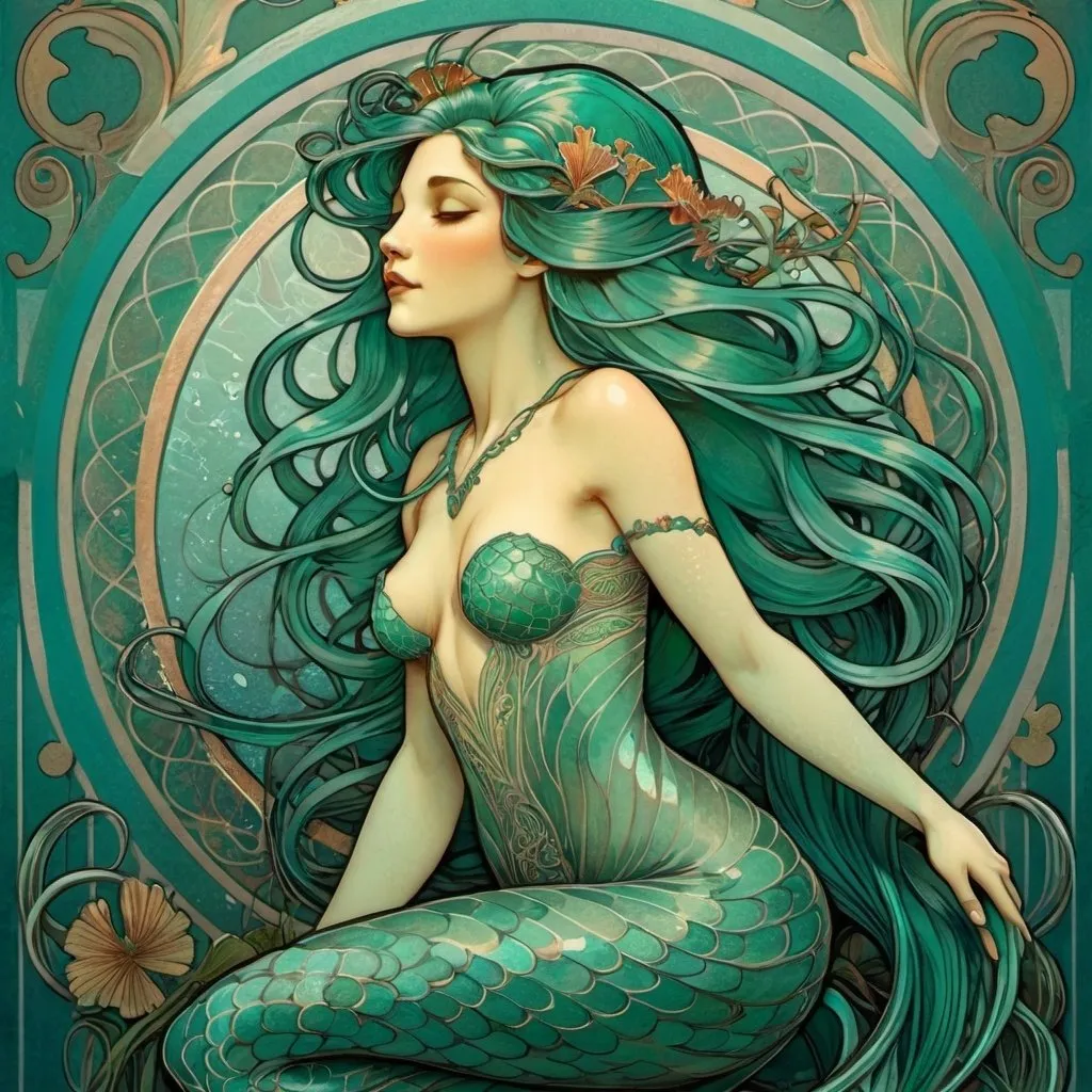 Prompt: Alphonse Mucha Style, art nouveau illustration of a full body mermaid, long teal hair, teal tail, thick lines, intricate details, beautiful colors