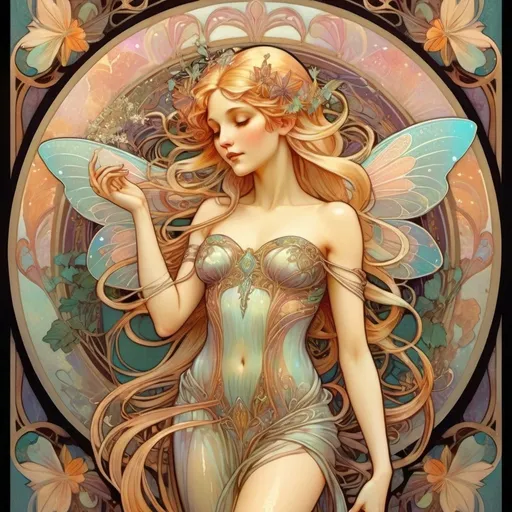 Prompt: Alphonse Mucha Style, art nouveau illustration of a full body fairy, has iridescent wings, long blond hair, thick lines, intricate details, beautiful colors