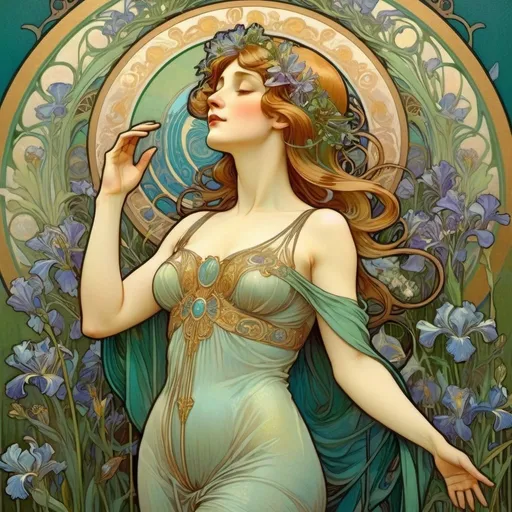 Prompt: Alphonse Mucha Style, art nouveau illustration of a Pious full body woman,women is standing in a garden of irises admiring the blooms, around her head is a golden halo. there are swallows in the blue sky. thick lines, intricate botanical details, beautiful colors of green and blues. nature inspired