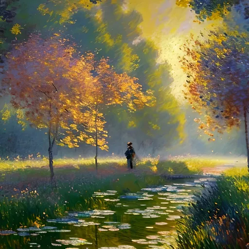 Prompt: captures the essence of impressionism in landscapes. Emulate the brushwork and color palette characteristic of impressionist painters like Monet or Renoir. Depict scenes with vibrant, dappled sunlight, textured brushstrokes, and an emphasis on capturing fleeting moments and atmospheric effects. Let the colors blend and dance on the canvas, evoking a sense of movement and emotion.
