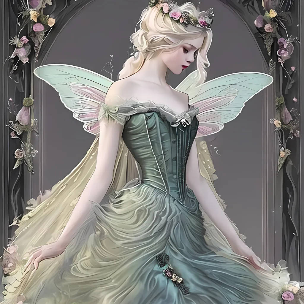 Prompt: Design fairy dresses inspired by the Victorian era. Think voluminous skirts, corseted bodices, and intricate lace details. Incorporate fairy-like elements such as delicate wings, ethereal veils, and floral crowns. Use rich jewel tones and pastel hues to capture the essence of Victorian elegance. use rich burgundies, emeralds, and golds. use lush velvets, delicate lace, and satin. Create a grand manor backdrop