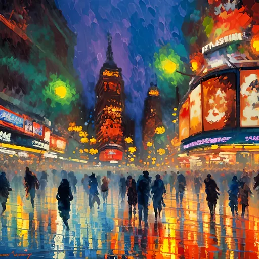 Prompt: bustling energy and vibrant atmosphere of city life in an impressionistic style. Utilize bold brushstrokes, vivid colors, and a sense of movement to depict bustling streets, flickering lights, and crowds of people. Focus on capturing the fleeting moments and the lively spirit of urban environments through the impressionist lens