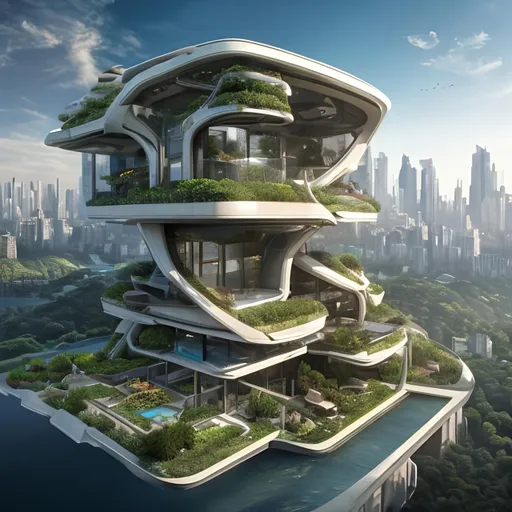 Prompt: depicts a stunning house nestled in a futuristic urban landscape. Imagine a high-rise residence with vertical gardens, suspended terraces, and panoramic views of the city. Let the artwork showcase a seamless fusion of nature and technology, with features like automated rooftop gardens, smart energy systems, and augmented reality windows that provide an immersive experience of the outside world.