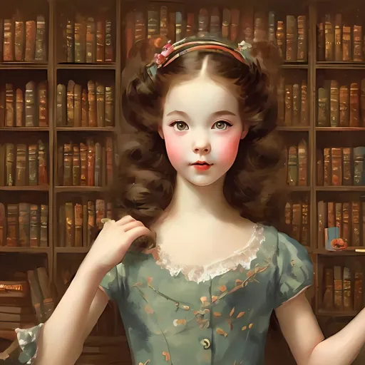 Prompt: a painting of a lovely girl being amuse in a beautiful big big library, make it in vintage style
