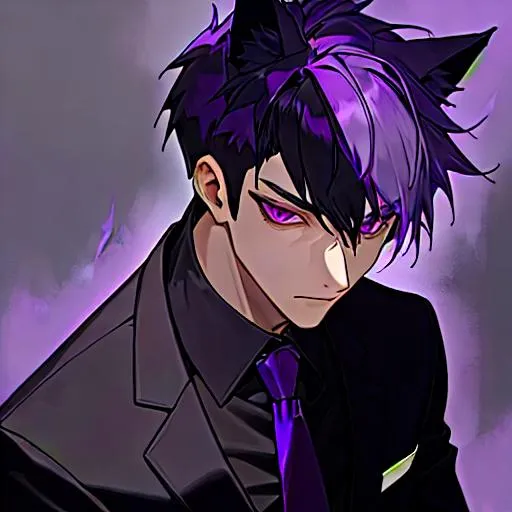 Prompt: man
black wolf cut hair with purple highlights.
dark purple eyes
Wear a black suit and purple tie.