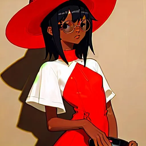 Prompt: female.
Tanned skin.
black eyes
Short black hair, shoulder length
wearing black round glasses
wearing a red bucket hat
Wear a dress that reveals the chest.
