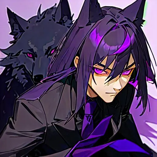 Prompt: man
Long black wolf cut hair with purple highlights.
dark purple eyes
Wear a black suit and purple tie.