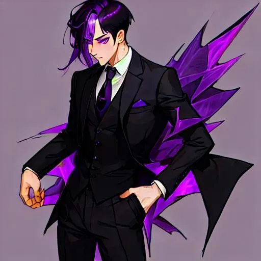 Prompt: man
black hair with purple highlights.
dark purple eyes
Wear a black suit and purple tie.