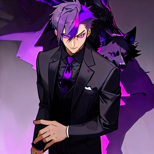 Prompt: man
black wolf cut hair with purple highlights.
dark purple eyes
Wear a black suit and purple tie.