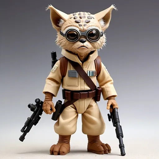 Prompt: Star Wars alien species, lynx thin tufted ears, bear facial features, flat nose, biped, scout, on Tatooine, blaster rifle, goggles, adult, angry, brown and tan, 1.5 meters tall