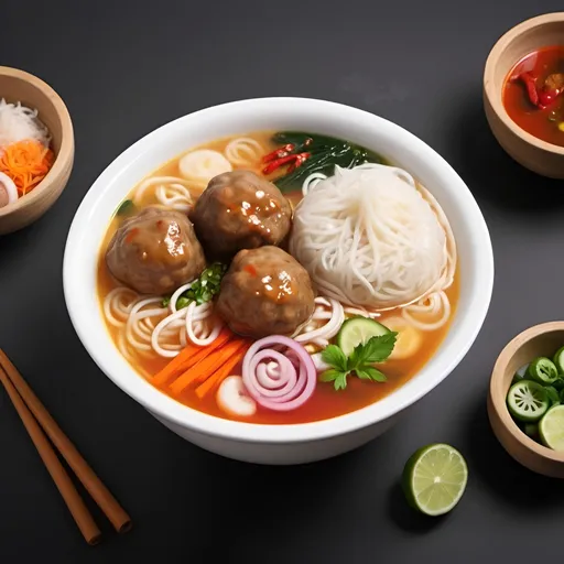 Prompt: Create an attractive and eye-catching sticker design for a delicious Indonesian-style meatball soup product. The sticker should feature a vibrant and appetizing image of a steaming bowl of Indonesian meatball soup, known as "Bakso." Highlight the juicy meatballs, fresh vegetables, rice noodles, and crystal clear, rich broth. Use warm, inviting colors to evoke a sense of comfort and satisfaction. The design should include the product name "Hearty Bakso Soup" in a bold, easy-to-read font. Incorporate elements that emphasize freshness and quality, such as a subtle background of fresh ingredients like herbs, spices, and lime. The overall look should be clean, modern, and appealing, designed to attract consumers and make them eager to buy.