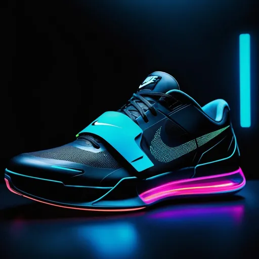 Prompt: realistic, photography, futuristic Nike ad, tech wear, neon, futuristic shoes, visor, Blade Runner, cyberpunk, canon, 50mm