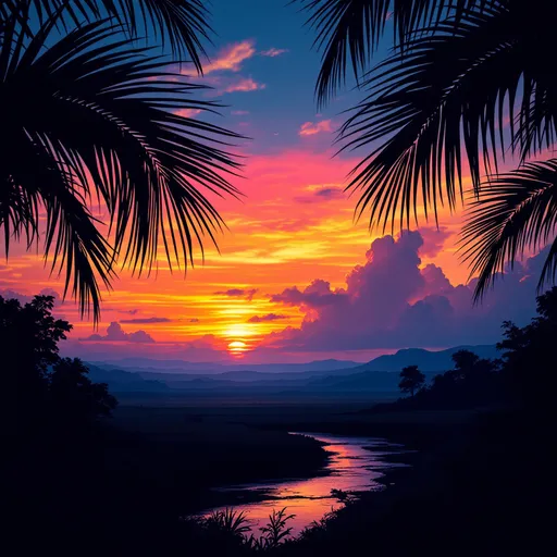 Prompt: A breathtaking sunset unfolds over a tranquil landscape, where the horizon is painted with vibrant hues of orange and pink, merging into deep blues and purples as night approaches. Silhouetted palm fronds frame the upper portion of the scene, their delicate shapes contrasting sharply with the fiery sky. Below, a shadowy expanse of land is reflected in a gently flowing stream, hinting at the lush greenery that lies just beyond the silhouetted edges. The atmosphere conveys a sense of calm and serenity, inviting viewers to pause and appreciate the beauty of dusk. The combination of rich colors and natural elements evokes a peaceful yet awe-inspiring moment in nature.