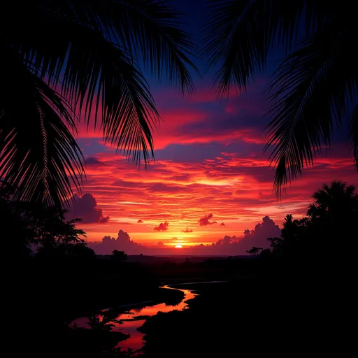 Prompt: A breathtaking sunset unfolds over a tranquil landscape, where the horizon is painted with vibrant hues of orange and pink, merging into deep blues and purples as night approaches. Silhouetted palm fronds frame the upper portion of the scene, their delicate shapes contrasting sharply with the fiery sky. Below, a shadowy expanse of land is reflected in a gently flowing stream, hinting at the lush greenery that lies just beyond the silhouetted edges. The atmosphere conveys a sense of calm and serenity, inviting viewers to pause and appreciate the beauty of dusk. The combination of rich colors and natural elements evokes a peaceful yet awe-inspiring moment in nature.