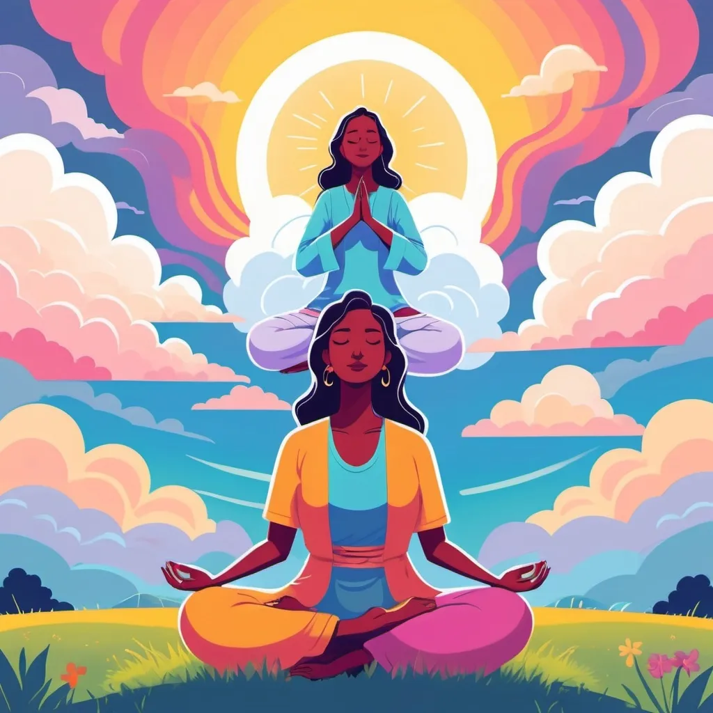 Prompt: 2d flat art, there are two woman, one is meditation, the other pray, vector art, cloudy day, cover art, bright colors, cute illustrationt