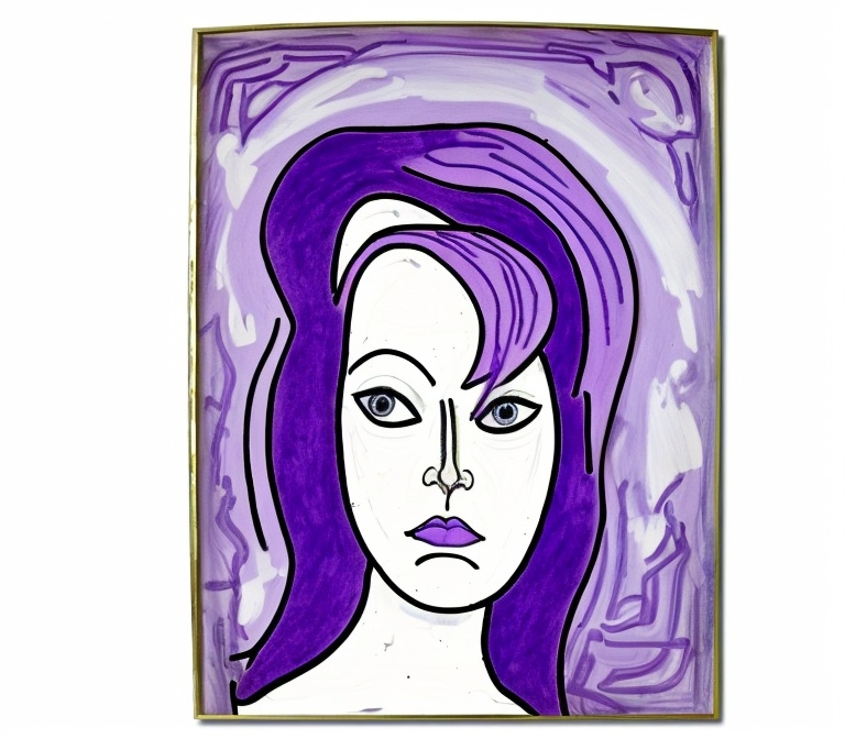 Prompt: a drawing of a woman with a purple hair and a blue shirt on a white background with a white frame, Affandi, figuration libre, neo - expressionism, a cubist painting