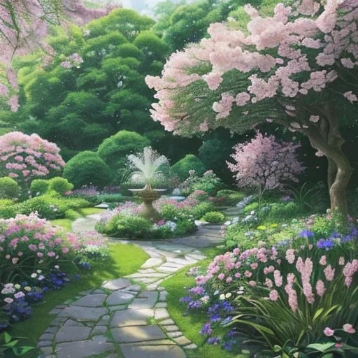 Prompt: Realistic illustration of a serene garden, soft natural lighting, vibrant greenery, detailed flowers in full bloom, tranquil atmosphere, focused and peaceful mindset, best quality, highres, ultra-detailed, realistic style, peaceful garden setting, detailed foliage, serene ambiance, mindfulness, vibrant colors, professional, natural light