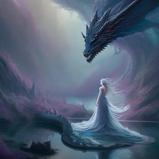Prompt: Fantasy lake, dragon overlooking, mystical, ethereal, highres, vivid colors, digital painting, flowing gown, serene atmosphere, detailed hair, mysterious aura, dreamy lighting, fantasy, mythical, detailed back, surreal, elegant, peaceful, enchanting, magical, cinematic