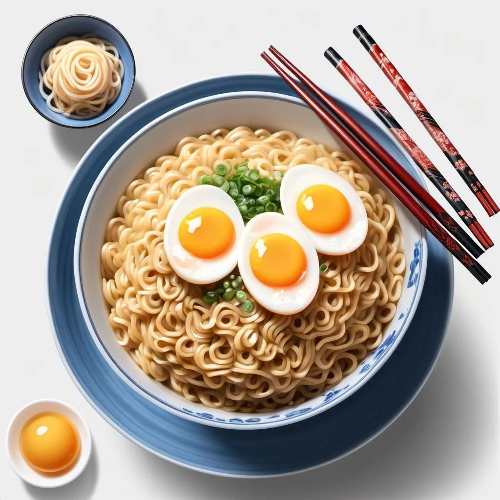 Prompt: a bowl of noodles with eggs and chopsticks on top of it, with a white background, with a blue bowl with noodles and chopsticks in the middle, with a, Dan Content, sots art, ultra realistic digital art, a stock photo