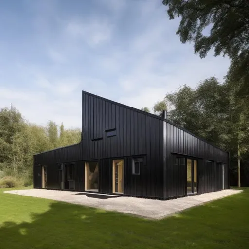 Prompt: prefabricated black small wooden two story house created by a Dutch architect with 80 years of experience