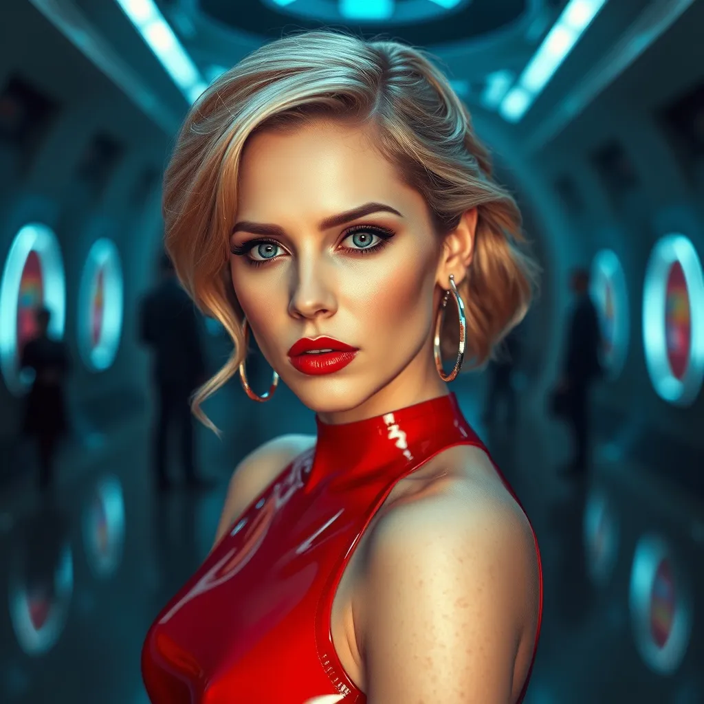 Prompt: Incredibly sharp Full length image Of scarlett Johansson As snow white in high fashion futuristic red latex dress Intricate facial detail I cant believe how beautiful she is 3d Super wide angle lens F1. 8