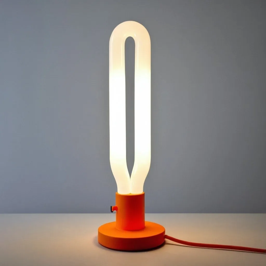 Prompt: Design a lamp with the shape of a fluorescent light bulb, but in a bigger size for children. This lamp should be formed of some silicone tubes that bend in order to reproduce the form of the fluorescent bulb in bigger size. It should have the function of a coat rack