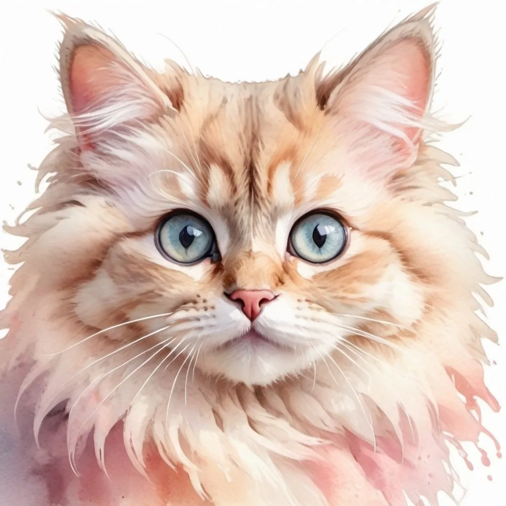 Prompt: High quality, watercolour, 2D, cute cat with fluffy fur and big expressive eyes, pastel color tones, whimsical and playful style, soft and warm lighting, adorable facial expressions, artistic digital painting, pastel, detailed fur, expressive eyes, adorable, whimsical, soft lighting