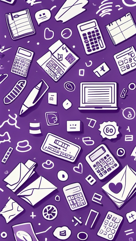 Prompt: "Create a doodle-style image with a background color of purple #5F002D . The pattern should consist of white icons including a laptop, a calculator, a pen, and sheets of paper. The icons should be scattered evenly across the background, maintaining a playful and hand-drawn style typical of doodles.",