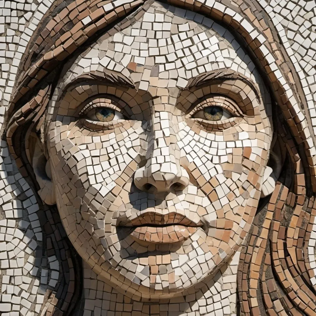 Prompt: make a face out of mosaic stone. Make it look realistic like its based on a photo

