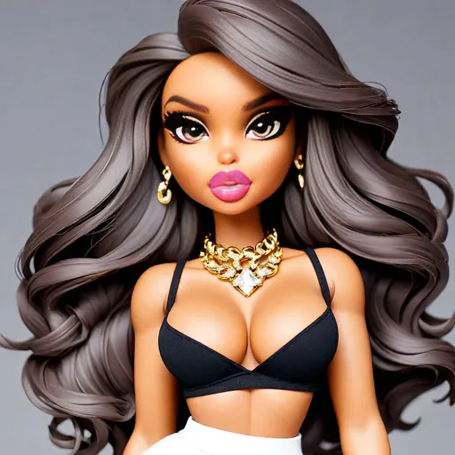 Prompt: Bratz Doll as a human, posing for a selfie, Bratz doll as a Instagram baddie, pretty Instagram girl. Bratz doll as a human, hyper realistic, hyper detailed eyes, even eyes, symmetrical eyes, full lips, thick well-manicured eyebrows, makeup professionally applied by a professional MAC makeup artist.  Long Hair, Big wavy curls, long curtain bangs, hyper detailed eyes, small nose, detailed pupils, even eyelids, no deformity, hyper detailed fingers, hyper detailed hands, detailed fingers, detailed nails, long acrylic nails, fake acrylic nails, fake nails, long nails, nail art, false eyelashes, long acrylic nails, boogie nails, baddie aesthetic vibes, bbl augmented surgery, skinny and curvy body build, baddie aesthetic, Instagram baddie fashion look, clothes from fashion nova, pretty little thing, doll skill, Shein.  doll photography, Bratz doll from the year 2000, Bratz doll look alike only, big eyes, big head, high cheekbones, contoured facial features., Bratz doll look alike, augmentation surgery, cleavage, low cut shirts, tight clothes, micro mini skirt, strappy high heels, Kim Kardashian body shape, bronze skin, Sunkissed skin, thick eyebrows, nose piercing, dainty diamond nose ring, diamond necklace, rappers chain, big gaudy diamond chains, with big diamond pendent,  small nose, big eyes, big lips, wearing a crop top with micro mini platted skirt, lip injections, bimbo, bimbo aesthetic, bimbo look alike, stylish, fashionista, runway fashion look, pink colors, and white with micro mini skirt and see through mesh material crop top