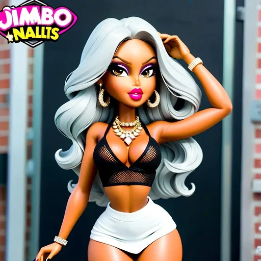 Prompt: Bratz Doll as a human, posing for a selfie, Bratz doll as a Instagram baddie, pretty Instagram girl. Bratz doll as a human, hyper realistic, hyper detailed eyes, even eyes, symmetrical eyes, full lips, thick well-manicured eyebrows, makeup professionally applied by a professional MAC makeup artist.  Long Hair, Big wavy curls, long curtain bangs, hyper detailed eyes, small nose, detailed pupils, even eyelids, no deformity, hyper detailed fingers, hyper detailed hands, detailed fingers, detailed nails, long acrylic nails, fake acrylic nails, fake nails, long nails, nail art, false eyelashes, long acrylic nails, boogie nails, baddie aesthetic vibes, bbl augmented surgery, skinny and curvy body build, baddie aesthetic, Instagram baddie fashion look, clothes from fashion nova, pretty little thing, doll skill, Shein.  doll photography, Bratz doll from the year 2000, Bratz doll look alike only, big eyes, big head, high cheekbones, contoured facial features., Bratz doll look alike, augmentation surgery, cleavage, low cut shirts, tight clothes, micro mini skirt, strappy high heels, Kim Kardashian body shape, bronze skin, Sunkissed skin, thick eyebrows, nose piercing, dainty diamond nose ring, diamond necklace, rappers chain, big gaudy diamond chains, with big diamond pendent,  small nose, big eyes, big lips, wearing a crop top with micro mini platted skirt, lip injections, bimbo, bimbo aesthetic, bimbo look alike, stylish, fashionista, runway fashion look, pink colors, and white with micro mini skirt and see through mesh material crop top