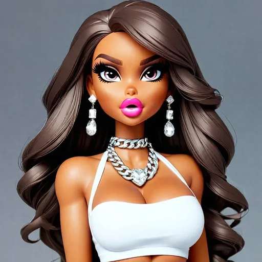 Prompt: Bratz Doll as a human, posing for a selfie, Bratz doll as a Instagram baddie, pretty Instagram girl. Bratz doll as a human, hyper realistic, hyper detailed eyes, even eyes, symmetrical eyes, full lips, thick well-manicured eyebrows, makeup professionally applied by a professional MAC makeup artist.  Long Hair, Big wavy curls, long curtain bangs, hyper detailed eyes, small nose, detailed pupils, even eyelids, no deformity, hyper detailed fingers, hyper detailed hands, detailed fingers, detailed nails, long acrylic nails, fake acrylic nails, fake nails, long nails, nail art, false eyelashes, long acrylic nails, boogie nails, baddie aesthetic vibes, bbl augmented surgery, skinny and curvy body build, baddie aesthetic, Instagram baddie fashion look, clothes from fashion nova, pretty little thing, doll skill, Shein.  doll photography, Bratz doll from the year 2000, Bratz doll look alike only, big eyes, big head, high cheekbones, contoured facial features., Bratz doll look alike, augmentation surgery, cleavage, low cut shirts, tight clothes, micro mini skirt, strappy high heels, Kim Kardashian body shape, bronze skin, Sunkissed skin, thick eyebrows, nose piercing, dainty diamond nose ring, diamond necklace, rappers chain, big gaudy diamond chains, with big diamond pendent,  small nose, big eyes, big lips, wearing a crop top with micro mini platted skirt, lip injections, bimbo, bimbo aesthetic, bimbo look alike, stylish, fashionista, runway fashion look, pink colors, and white with micro mini skirt and see through mesh material crop top