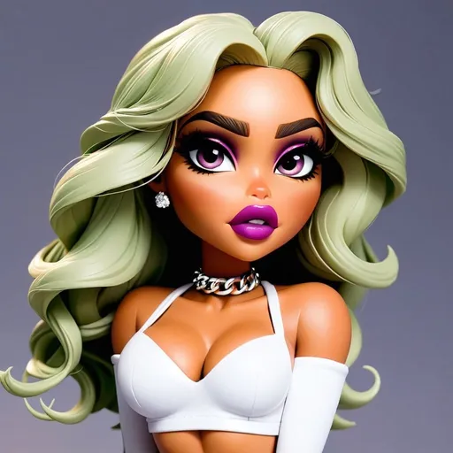 Prompt: Bratz Doll as a human, posing for a selfie, Bratz doll as a Instagram baddie, pretty Instagram girl. Bratz doll as a human, hyper realistic, hyper detailed eyes, even eyes, symmetrical eyes, full lips, thick well-manicured eyebrows, makeup professionally applied by a professional MAC makeup artist.  Long Hair, Big wavy curls, long curtain bangs, hyper detailed eyes, small nose, detailed pupils, even eyelids, no deformity, hyper detailed fingers, hyper detailed hands, detailed fingers, detailed nails, long acrylic nails, fake acrylic nails, fake nails, long nails, nail art, false eyelashes, long acrylic nails, boogie nails, baddie aesthetic vibes, bbl augmented surgery, skinny and curvy body build, baddie aesthetic, Instagram baddie fashion look, clothes from fashion nova, pretty little thing, doll skill, Shein.  doll photography, Bratz doll from the year 2000, Bratz doll look alike only, big eyes, big head, high cheekbones, contoured facial features., Bratz doll look alike, augmentation surgery, cleavage, low cut shirts, tight clothes, micro mini skirt, strappy high heels, Kim Kardashian body shape, bronze skin, Sunkissed skin, thick eyebrows, nose piercing, dainty diamond nose ring, diamond necklace, rappers chain, big gaudy diamond chains, with big diamond pendent,  small nose, big eyes, big lips, wearing a crop top with micro mini platted skirt, lip injections, bimbo, bimbo aesthetic, bimbo look alike, stylish, fashionista, runway fashion look, pink colors, and white with micro mini skirt and see through mesh material crop top