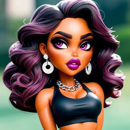 Prompt: Bratz Doll as a human, posing for a selfie, Bratz doll as a Instagram baddie, pretty Instagram girl. Bratz doll as a human, hyper realistic, hyper detailed eyes, even eyes, symmetrical eyes, full lips, thick well-manicured eyebrows, makeup professionally applied by a professional MAC makeup artist.  Long Hair, Big wavy curls, long curtain bangs, hyper detailed eyes, small nose, detailed pupils, even eyelids, no deformity, hyper detailed fingers, hyper detailed hands, detailed fingers, detailed nails, long acrylic nails, fake acrylic nails, fake nails, long nails, nail art, false eyelashes, long acrylic nails, boogie nails, baddie aesthetic vibes, bbl augmented surgery, skinny and curvy body build, baddie aesthetic, Instagram baddie fashion look, clothes from fashion nova, pretty little thing, doll skill, Shein.  doll photography, Bratz doll from the year 2000, Bratz doll look alike only, big eyes, big head, high cheekbones, contoured facial features., Bratz doll look alike, augmentation surgery, cleavage, low cut shirts, tight clothes, micro mini skirt, strappy high heels, Kim Kardashian body shape, bronze skin, Sunkissed skin, thick eyebrows, nose piercing, dainty diamond nose ring, diamond necklace, rappers chain, big gaudy diamond chains, with big diamond pendent,  small nose, big eyes, big lips, wearing a pink crop top with pink micro mini platted skirt, lip injections, bimbo, bimbo aesthetic, bimbo look alike, stylish, fashionista, runway fashion look, pink colors, and white with micro mini skirt and see through mesh material crop top
