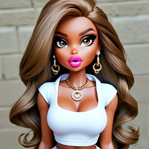 Prompt: Bratz Doll as a human, posing for a selfie, Bratz doll as a Instagram baddie, pretty Instagram girl. Bratz doll as a human, hyper realistic, hyper detailed eyes, even eyes, symmetrical eyes, full lips, thick well-manicured eyebrows, makeup professionally applied by a professional MAC makeup artist.  Long Hair, Big wavy curls, long curtain bangs, hyper detailed eyes, small nose, detailed pupils, even eyelids, no deformity, hyper detailed fingers, hyper detailed hands, detailed fingers, detailed nails, long acrylic nails, fake acrylic nails, fake nails, long nails, nail art, false eyelashes, long acrylic nails, boogie nails, baddie aesthetic vibes, bbl augmented surgery, skinny and curvy body build, baddie aesthetic, Instagram baddie fashion look, clothes from fashion nova, pretty little thing, doll skill, Shein.  doll photography, Bratz doll from the year 2000, Bratz doll look alike only, big eyes, big head, high cheekbones, contoured facial features., Bratz doll look alike, augmentation surgery, cleavage, low cut shirts, tight clothes, micro mini skirt, strappy high heels, Kim Kardashian body shape, bronze skin, Sunkissed skin, thick eyebrows, nose piercing, dainty diamond nose ring, diamond necklace, rappers chain, big gaudy diamond chains, with big diamond pendent,  small nose, big eyes, big lips, wearing a crop top with micro mini platted skirt, lip injections, bimbo, bimbo aesthetic, bimbo look alike, stylish, fashionista, runway fashion look, pink colors, and white with micro mini skirt and see through mesh material crop top