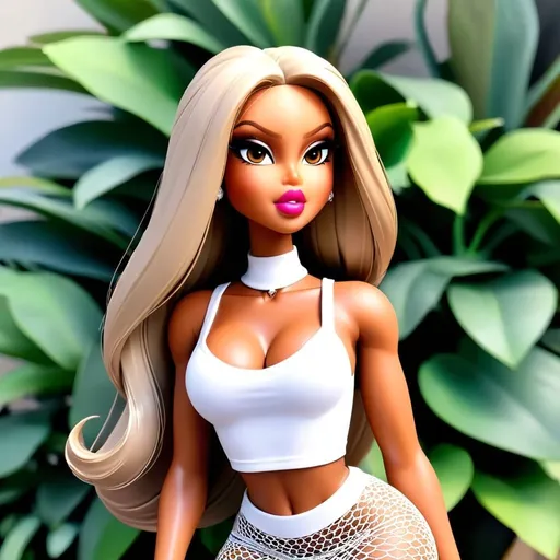 Prompt: Bratz Doll as a human, posing for a selfie, Bratz doll as a Instagram baddie, pretty Instagram girl. Bratz doll as a human, hyper realistic, hyper detailed eyes, even eyes, symmetrical eyes, full lips, thick well-manicured eyebrows, makeup professionally applied by a professional MAC makeup artist.  Long Hair, Big wavy curls, long curtain bangs, hyper detailed eyes, small nose, detailed pupils, even eyelids, no deformity, hyper detailed fingers, hyper detailed hands, detailed fingers, detailed nails, long acrylic nails, fake acrylic nails, fake nails, long nails, nail art, false eyelashes, long acrylic nails, boogie nails, baddie aesthetic vibes, bbl augmented surgery, skinny and curvy body build, baddie aesthetic, Instagram baddie fashion look, clothes from fashion nova, pretty little thing, doll skill, Shein.  doll photography, Bratz doll from the year 2000, Bratz doll look alike only, big eyes, big head, high cheekbones, contoured facial features., Bratz doll look alike, augmentation surgery, cleavage, low cut shirts, tight clothes, micro mini skirt, strappy high heels, Kim Kardashian body shape, bronze skin, Sunkissed skin, thick eyebrows, nose piercing, dainty diamond nose ring, diamond necklace, rappers chain, big gaudy diamond chains, with big diamond pendent,  small nose, big eyes, big lips, wearing a crop top with micro mini platted skirt, lip injections, bimbo, bimbo aesthetic, bimbo look alike, stylish, fashionista, runway fashion look, pink colors, and white with micro mini skirt and see through mesh material crop top