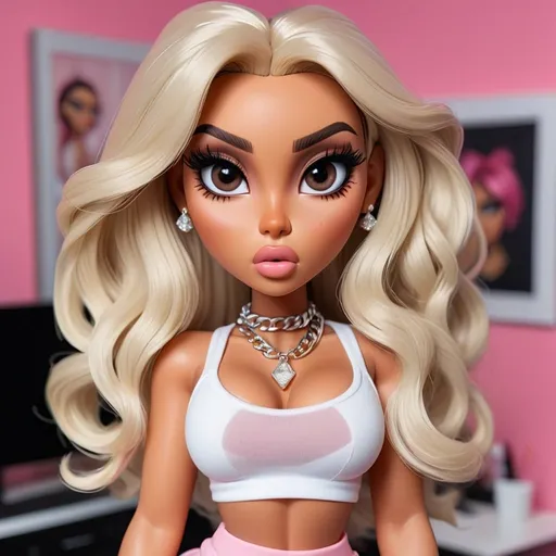 Prompt: Bratz Doll posing for a selfie, Bratz doll as a Instagram baddie, pretty Instagram girl. Bratz doll as a human, hyper realistic, hyper detailed eyes, even eyes, symmetrical eyes, full lips, thick well-manicured eyebrows, makeup professionally applied by a professional MAC makeup artist.  Long Hair, Big wavy curls, long curtain bangs, hyper detailed eyes, small nose, detailed pupils, even eyelids, no deformity, hyper detailed fingers, hyper detailed hands, detailed fingers, detailed nails, long acrylic nails, fake acrylic nails, fake nails, long nails, nail art, false eyelashes, long acrylic nails, boogie nails, baddie aesthetic vibes, bbl augmented surgery, skinny and curvy body build, baddie aesthetic, Instagram baddie fashion look, clothes from fashion nova, pretty little thing, doll skill, Shein.  doll photography, Bratz doll from the year 2000, Bratz doll look alike only, big eyes, big head, high cheekbones, contoured facial features., Bratz doll look alike, augmentation surgery, cleavage, low cut shirts, tight clothes, micro mini skirt, strappy high heels, Kim Kardashian body shape, bronze skin, Sunkissed skin, thick eyebrows, nose piercing, dainty diamond nose ring, diamond necklace, rappers chain, big gaudy diamond chains, with big diamond pendent,  small nose, big eyes, big lips, wearing a biking top with micro mini platted skirt, lip injections, bimbo, bimbo aesthetic, bimbo look alike, stylish, fashionista, runway fashion look, pink colors, and white with micro mini skirt and see through mesh material crop top