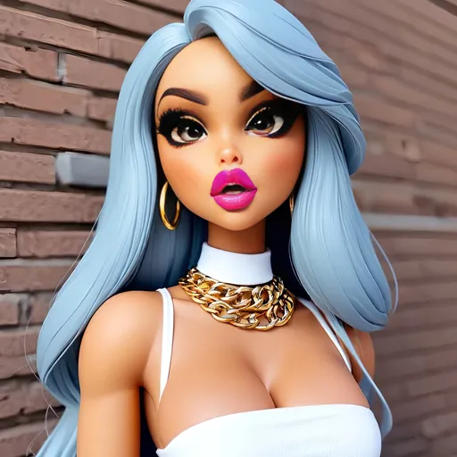 Prompt: Bratz Doll as a human, posing for a selfie, Bratz doll as a Instagram baddie, pretty Instagram girl. Bratz doll as a human, hyper realistic, hyper detailed eyes, even eyes, symmetrical eyes, full lips, thick well-manicured eyebrows, makeup professionally applied by a professional MAC makeup artist.  Long Hair, Big wavy curls, long curtain bangs, hyper detailed eyes, small nose, detailed pupils, even eyelids, no deformity, hyper detailed fingers, hyper detailed hands, detailed fingers, detailed nails, long acrylic nails, fake acrylic nails, fake nails, long nails, nail art, false eyelashes, long acrylic nails, boogie nails, baddie aesthetic vibes, bbl augmented surgery, skinny and curvy body build, baddie aesthetic, Instagram baddie fashion look, clothes from fashion nova, pretty little thing, doll skill, Shein.  doll photography, Bratz doll from the year 2000, Bratz doll look alike only, big eyes, big head, high cheekbones, contoured facial features., Bratz doll look alike, augmentation surgery, cleavage, low cut shirts, tight clothes, micro mini skirt, strappy high heels, Kim Kardashian body shape, bronze skin, Sunkissed skin, thick eyebrows, nose piercing, dainty diamond nose ring, diamond necklace, rappers chain, big gaudy diamond chains, with big diamond pendent,  small nose, big eyes, big lips, wearing a crop top with micro mini platted skirt, lip injections, bimbo, bimbo aesthetic, bimbo look alike, stylish, fashionista, runway fashion look, pink colors, and white with micro mini skirt and see through mesh material crop top