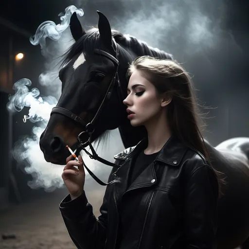 Prompt: Girl (with cigarettes), (black horse), (wearing black clothes), (absorbed in music), dark and moody atmosphere, misty background, dramatic lighting, highlighting cigarette smoke, emotional expression, reflecting solitude, high-quality, ultra-detailed, cinematic vibe, emphasizing deep shadows and soft highlights, capturing the essence of rebellion and freedom.