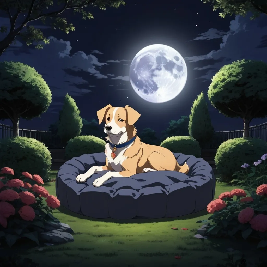 Prompt: 2d dark j anime style, dog, anime scene. The dog is sitting in his bed in a luxurious garden in a full moon night