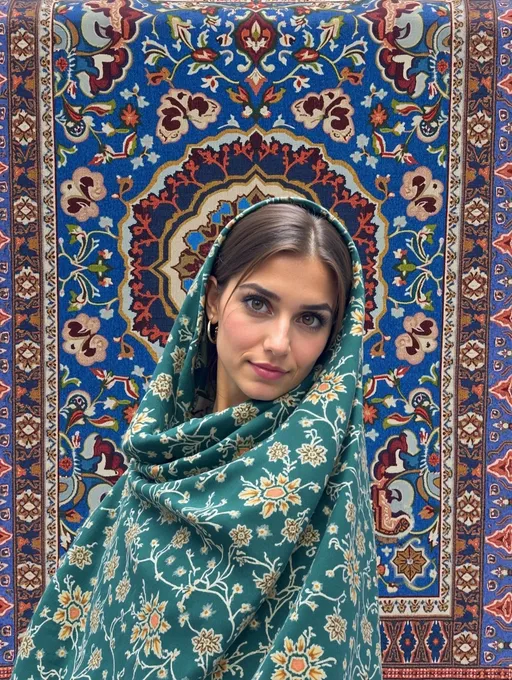 Prompt: A portrait Photography of a attractive Persian Woman. symmetrical face. big green eyes. reflective skin. 
photorealistic, (realistic skin texture) 
background highly detailed carpet on a wall. 

high detailed skin soft lighting, high_quality.jpg

