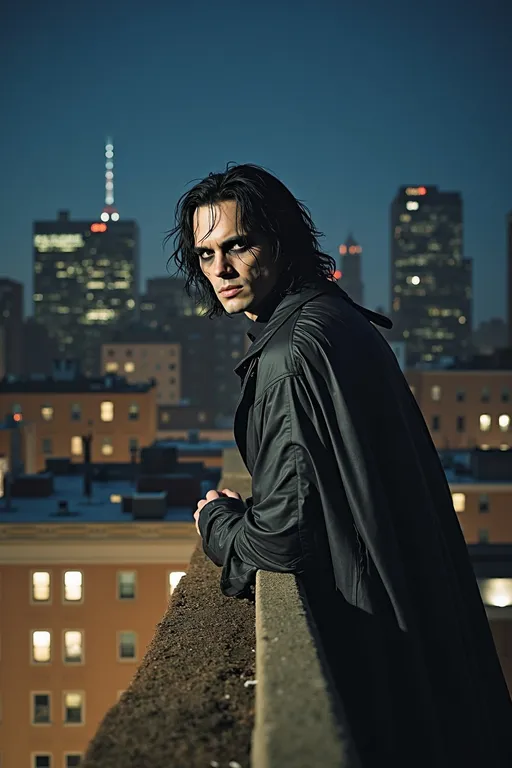 Prompt: 1994 the Crow, Brandon Lee.
long hair,
grim dark aesthetics. 
night photography.  in a rooftop. Midnight New York city. 
Photorealistic skin texture. 
medium dynamic range. 45 mm lens. 