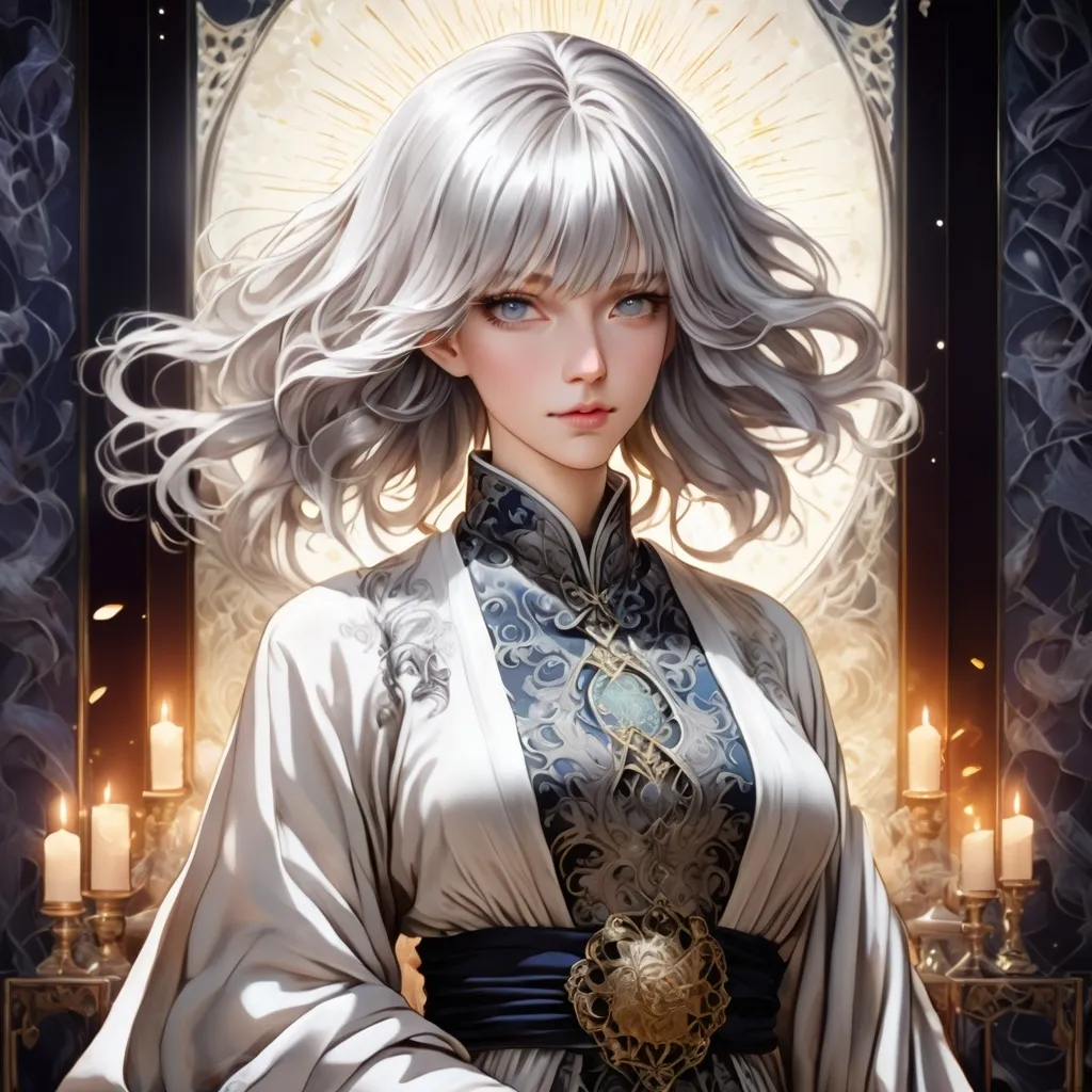 Prompt: tarot card Anime illustration, a silver-haired woman, detailed ornate cloth robe, dramatic lighting